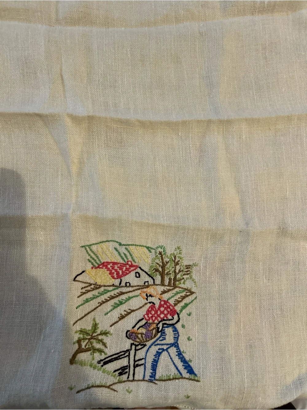 Hand-Embroidered Country Farm Scene with Figural Motif Tea Towel